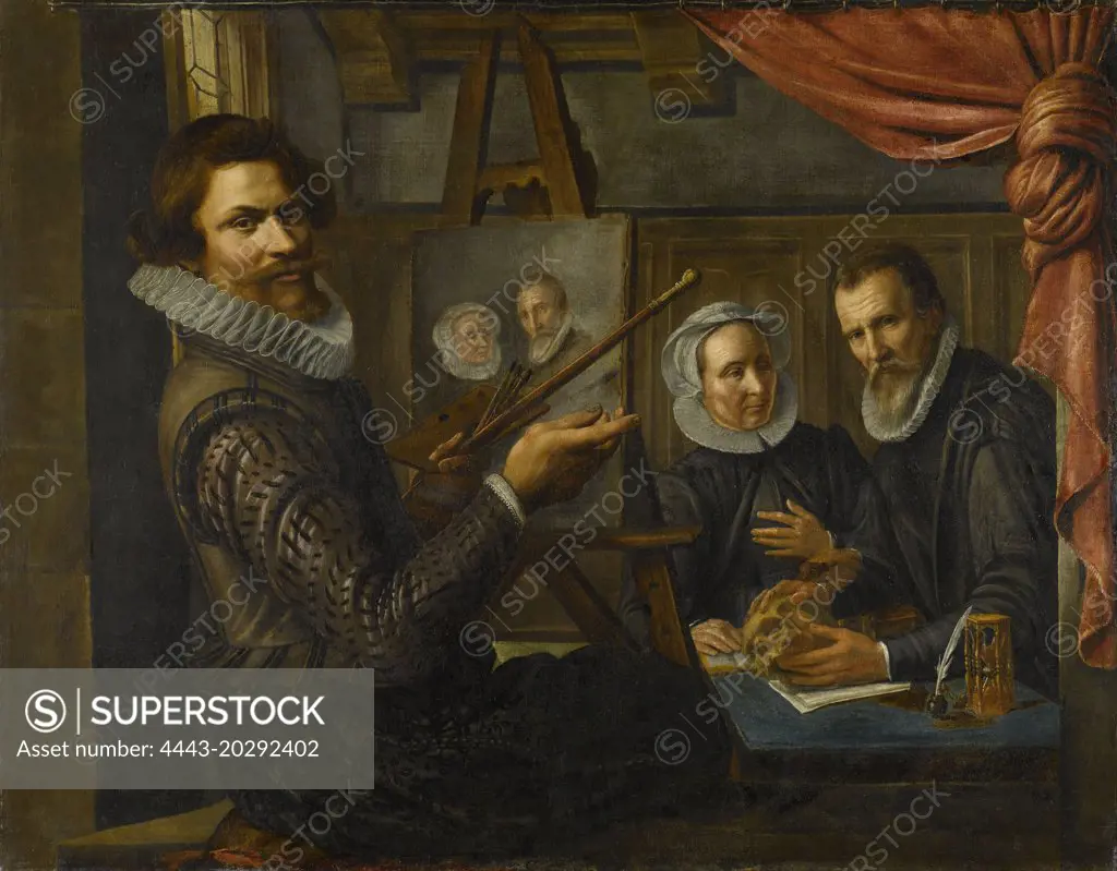 The Painter in his Studio Painting the Portrait of a Married Couple, Herman van Vollenhoven, 1612