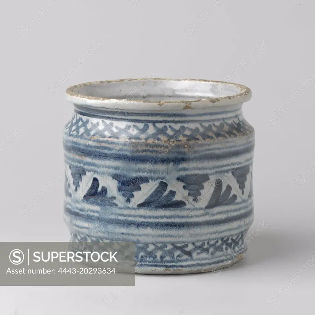 Painted blue with checkered ties with fan-shaped leaf motifs.
