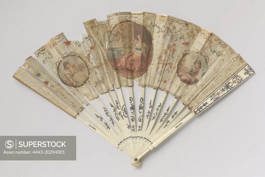 Folding fan with blade side to a medallion seated lady with fan and putti painted
