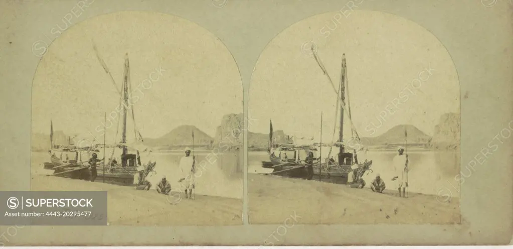 Traveller's Nile Boat or Dahabeeh with Nubian scenery and figures, or "Dahabeeh"
