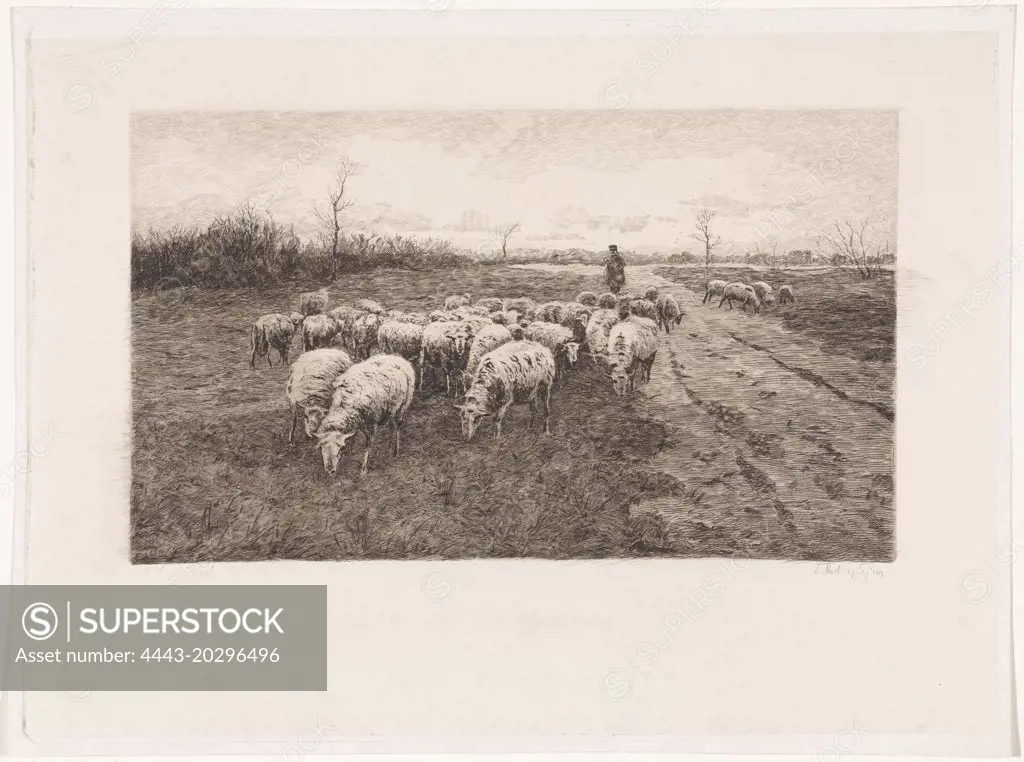 Shepherd with flock of sheep, Elias Stark, 1889