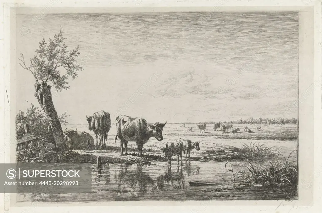 Meadows with cows at water, Simon van den Berg, 1822 - 1891