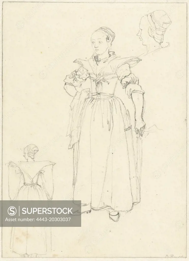 Three sketches from the costume of a woman from Axel The Netherlands, Bernard Picart, 1683 - 1733