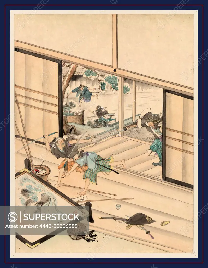 Juichidanme - act eleven of the Chushingura - assualt on Kira Yoshinaka's home - pursuing the guards, between 1800 and 1850, 1 drawing : color., Print shows a scene during the attack on Kira Yoshinaka's home by the 47 ronin, with the samurai chasing Kira's guards into the house.