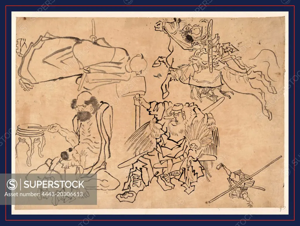 Tengu nado, Tengu and miscellany., between 1830 and 1868, 1 drawing : ink ; 28.9 x 37.7 cm., Drawing shows five vignettes, warrior on horseback, man with sword, warrior with large ax, figure upside down with long staff, and old man sitting, beating drum, with a man kneeling before him.