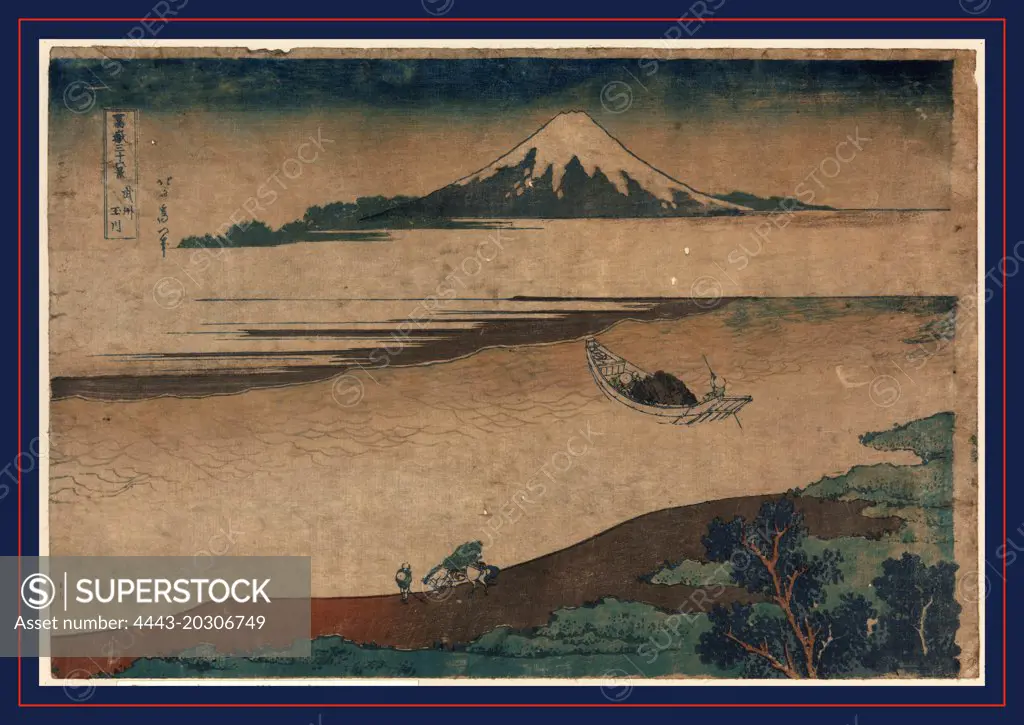 Bushu tamagawa, Tama River in Bushu., Katsushika, Hokusai, 1760-1849, artist, 1831 or 1832, 1 print : woodcut, color ; 26.3 x 38.5 cm., Print shows a man with a pack horse walking along coast, men in a boat just off shore, and Mount Fuji in the distance.
