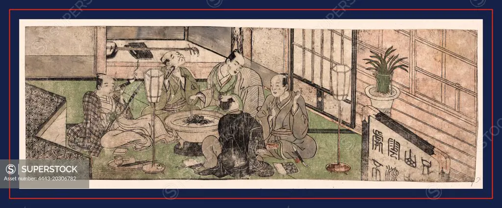 Hibachi o kakomu gonin no otoko, Five men relaxing around a hibachi., Katsukawa, Shunsho, 1726-1793, artist, 1772 or 1773, 1 print : woodcut, color ; 12.1 x 35.5 cm., Print shows five men relaxing around a hibachi; a shamisen rests on a platform in a room to the rear, and a standing screen with various symbols is in the foreground.