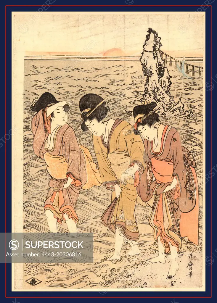 Futamigaura, Kitagawa, Utamaro, 1753-1806, artist, [between 1801 and 1804, 1 print : woodcut, color ; 38.4 x 26.3 cm., Print shows three women walking in the surf at the edge of a beach at Futamigaura, with view of one of the Meotoiwa (wedded rocks) and the knotted ropes in the background.