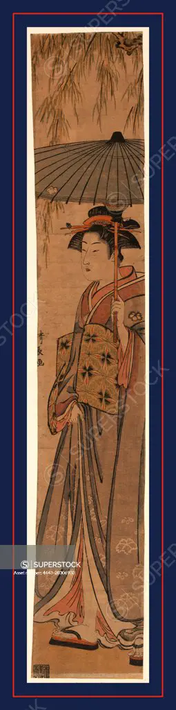 Ryuka no odoriiko, Beauty under a willow tree., Torii, Kiyonaga, 1752-1815, artist, 1782 or 1783, 1 print : woodcut, color ; 67.8 x 11.9 cm., Print shows a full-length portrait of a woman holding a parasol, standing beneath a willow tree.