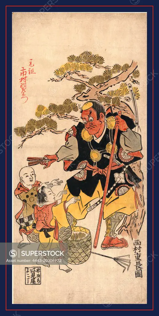 Benkei to kodomo (ataka no matsu), Benkei and a child (Ataka Pine)., Nishimura, Shigenaga, 1697-1756, artist, between 1716 and 1736, 1 print : woodcut, color ; 33.8 x 15.6 cm., Print shows the legendary monk warrior Benkei offering gifts to two children who have been gathering pine needles.