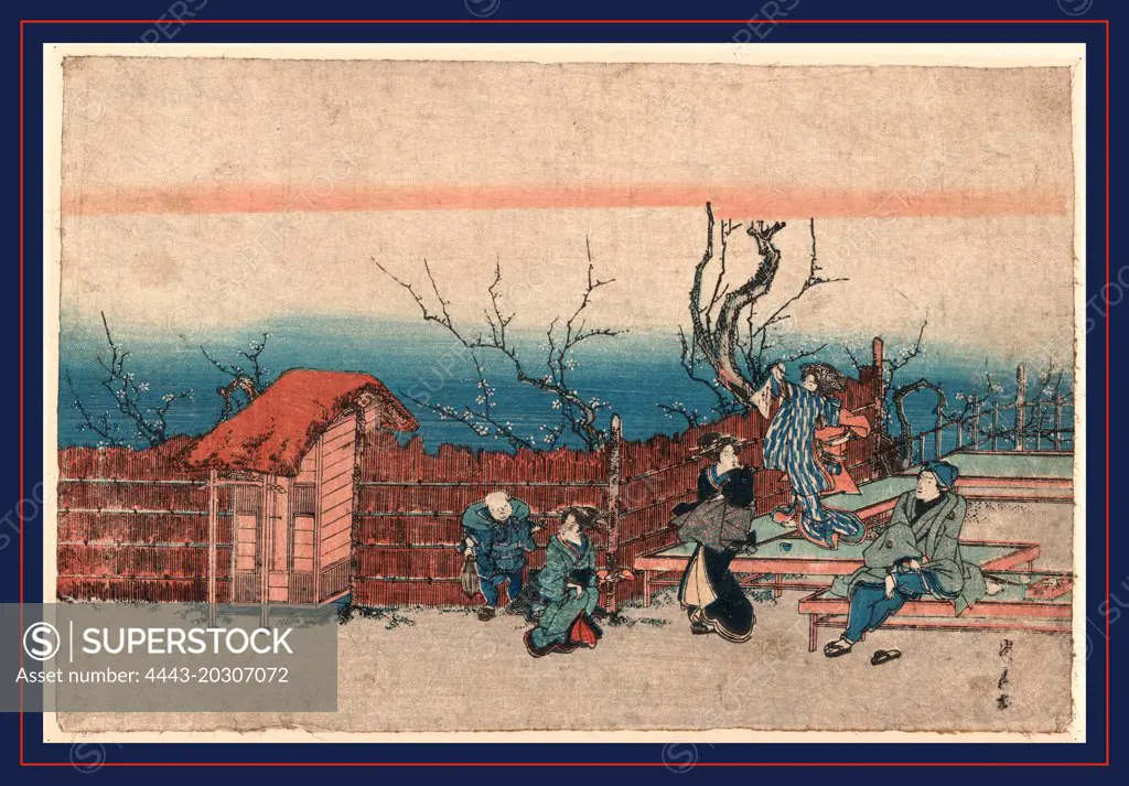 Kameido umeyashiki, Villa at Kameido., Utagawa, Kunitora, -1868, artist, between 1830 and 1868, 1 print : woodcut, color ; 22.9 x 34.1 cm., Print shows a family within the bamboo walls of a riverside villa.