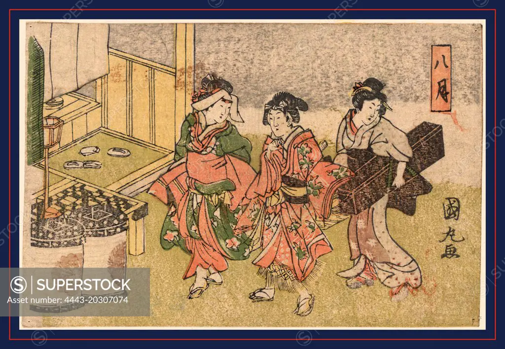 Hazuki, Eighth month., Utagawa, Kunimaru, ca. 1787-1817, artist, between ca. 1818 and 1830, 1 print : woodcut, color ; 11.3 x 17 cm., Print shows three women at a yoshiwara.