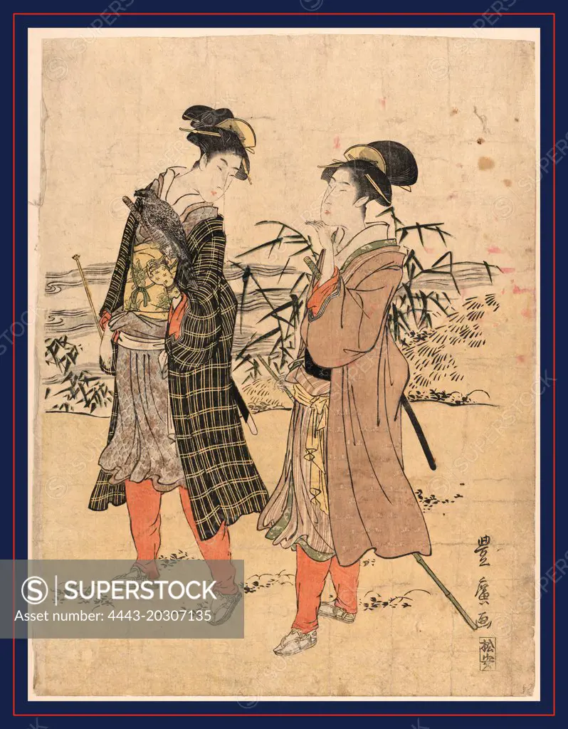 Yatsushi takajo, Transformed falconry., Utagawa, Toyohiro, 1773-1829, artist, [between 1798 and 1801, 1 print : woodcut, color ; 34.1 x 26 cm., Print shows two men walking, one with a falcon on his left arm.