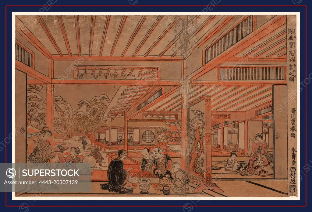 Ukie yukimi shuen no zu, Perspective picture of a drinking party viewing the snow., Utagawa, Toyoharu, 1735-1814, artist, between 1772 and 1774, 1 print : woodcut, color ; 24.1 x 37.3 cm., Print shows a view through multiple rooms of small gatherings, men playing board game, women playing with pets, drinking tea, and outside in the snow, rolling large snowballs.