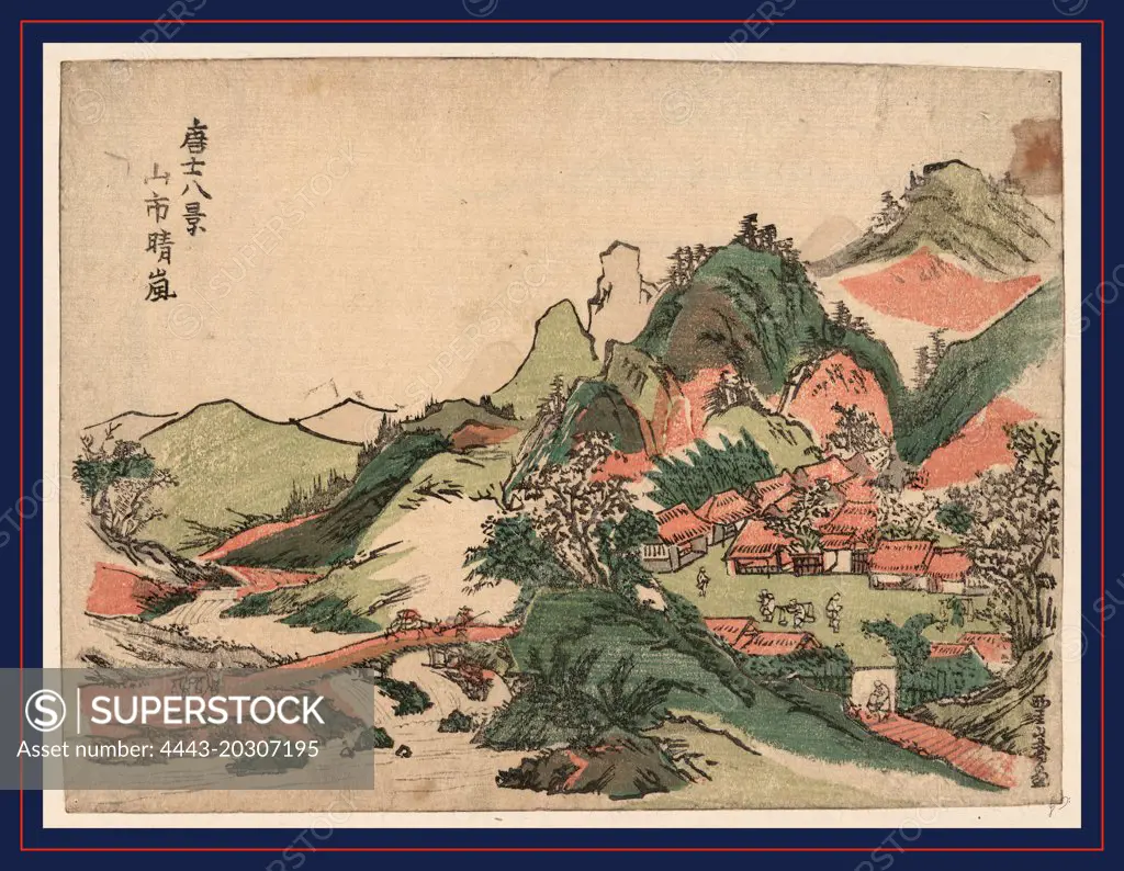 Sanshi no seiran, Evening storm over the mountain village., Sekkyo, Sawa, active 1790-1818, artist, between 1804 and 1818, 1 print : woodcut, color ; 17.4 x 23 cm., Print shows a cluster of thatch-roofed buildings in a mountain village and villagers, near a river.