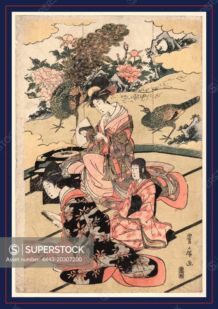 Daimyo no okuzashiki, A Daimyo's mansion., Utagawa, Toyohiro, 1773-1829, artist, [between 1801 and 1805, 1 print : woodcut, color ; 38.8 x 26.2 cm., Print shows three women sitting in a room with elaborate wall painting of peacocks.