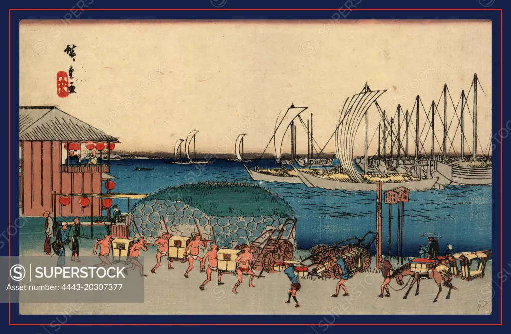 Takanawa no zu, View of Takanawa., Ando, Hiroshige, 1797-1858, artist, between 1837 and 1844, 1 print : woodcut, color ; 24.5 x 37.8 cm., Print shows porters carrying sedan chairs and travelers on foot and horseback along the waterfront of Takanawa, with ships coming into port and at anchor in the background, and a public house on the left.