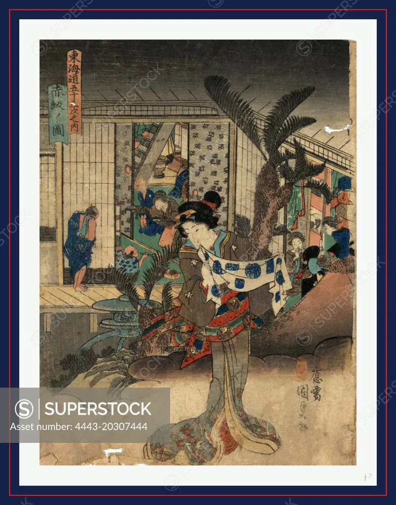 Akasaka no zu, View of Akasaka., Utagawa, Toyokuni, 1786-1865, artist, between 1837 and 1844, 1 print : woodcut, color ; 24.8 x 18.2 cm., Print shows a woman standing on a cloud outside an inn where women are serving and entertaining men at the Akasaka station on the Tokaido Road.