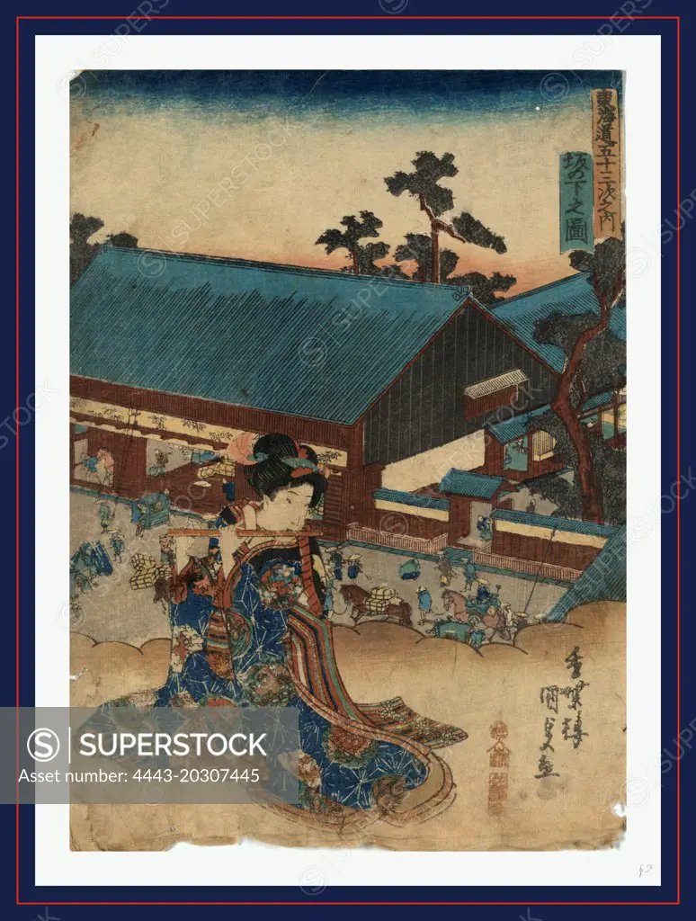 Saka no shita no zu, View of Sakanoshita., Utagawa, Toyokuni, 1786-1865, artist, between 1837 and 1844, 1 print : woodcut, color ; 25.2 x 18.2 cm., Print shows a woman sitting, playing a flute on a cloud outside an inn or large commercial building with porters and travelers passing in the street at the Sakano shita station on the Tokaido Road.