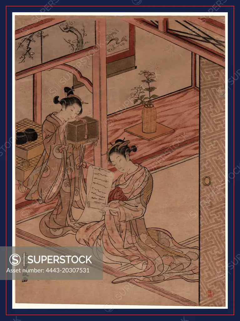 Zashiki no yujo to kamuro, Courtesan and Kamuro in a parlour., Kitao, Shigemasa, 1739-1820, artist, between 1764 and 1772, 1 print : woodcut, color ; 27.9 x 20.5 cm., Two girls in an interior, one seated reading a scroll, the other standing up looking into an insect cage.
