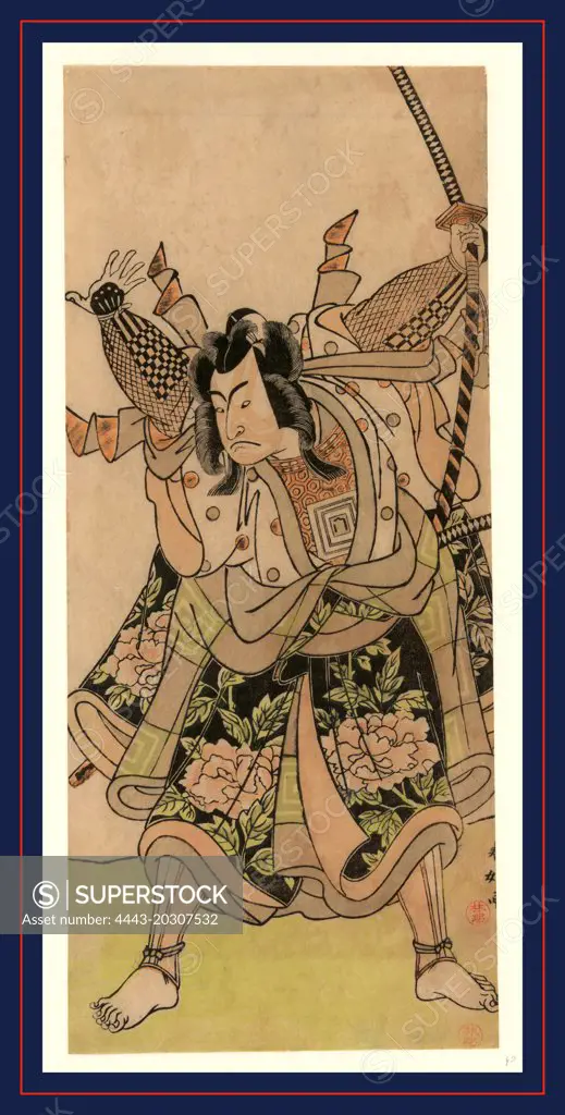 Ichikawa monnosuke, The actor Ichikawa Monnosuke., Katsukawa, Shunko, 1743-1812, artist, between 1772 and 1781, 1 print : woodcut, color ; 30.1 x 13 cm., Full-length depiction of actor Ichikawa Monnosuke with sword in the Thunder God pose.