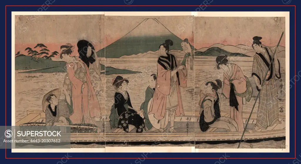 Ichi fuji ni taka san nasubi, First dream: fuji, hawks, and eggplants., Kitagawa, Utamaro, 1753-1806, artist, [between 1798 and 1801, 1 print (3 sheets) : woodcut, color ; 36.4 x 24.5 cm (left panel), 35.8 x 24.2 cm (center panel), 36 x 24.5 cm (right panel), Print shows five women, four men, and a child in a ferry; one man is poling the boat and one man is a porter seated at the back of the boat with baskets of eggplants, the women, child, and a man holding a falcon on his left forearm, and t