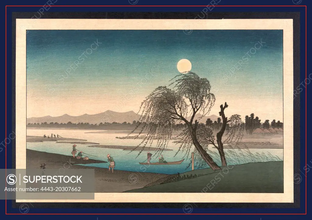Fukeiga, Ando, Hiroshige, 1797-1858, artist, between 1900 and 1940, from an earlier print, 1 print : woodcut, color., Print shows a moonlight scene along a river with people fishing, in boats, and walking along the shore.