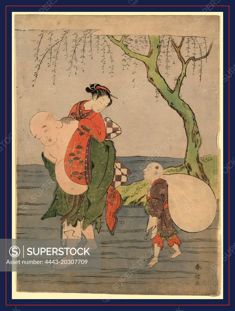 Musume o seotte kawa o wataru hotei, Hotei carrying a young girl piggyback., Suzuki, Harunobu, 1725-1770, artist, [between 1767 and 1769, 1 print : woodcut, color ; 28.2 x 20.2 cm., Print shows Hotei, one of the seven lucky Buddhist gods, carrying a young woman across a river; a child attendant carries Hotei's bag.