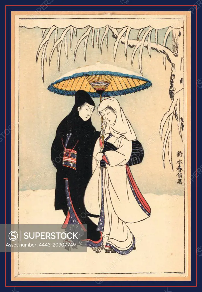 Secchu aiaigasa, Couple under umbrella in the snow (crow and heron)., Suzuki, Harunobu, 1725-1770, artist, 1 print : woodcut, color., Print shows a man and a woman standing in the snow beneath a snow-covered umbrella.