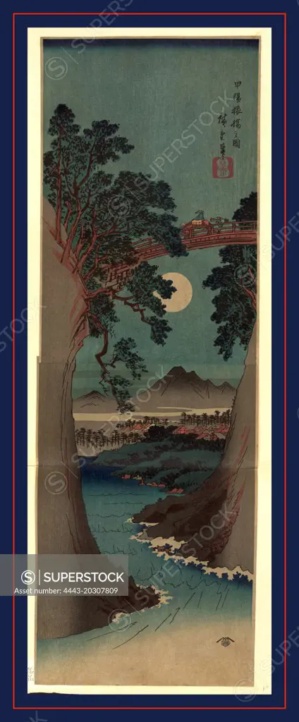 Koyo saruhashi no zu, Saruhashi Bridge in Kai Province., Ando, Hiroshige, 1797-1858, artist, between 1830 and 1858, printed later, 1 print : woodcut, color., Print shows steep cliffs with a bridge spanning the chasm above an inlet, with view of full moon between the cliffs.