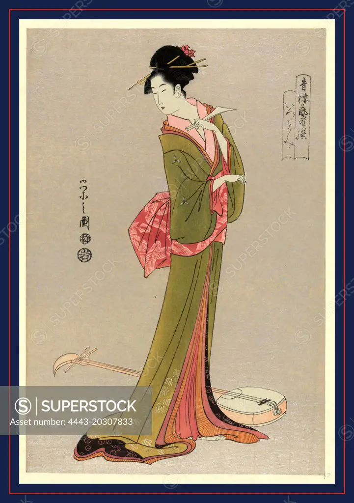 Itsutomi, Hosoda, Eishi, 1756-1829, artist, 1793, printed later, 1 print : woodcut, color., Print shows a woman, full-length, standing, turned slightly to the left, a shamisen at her feet.