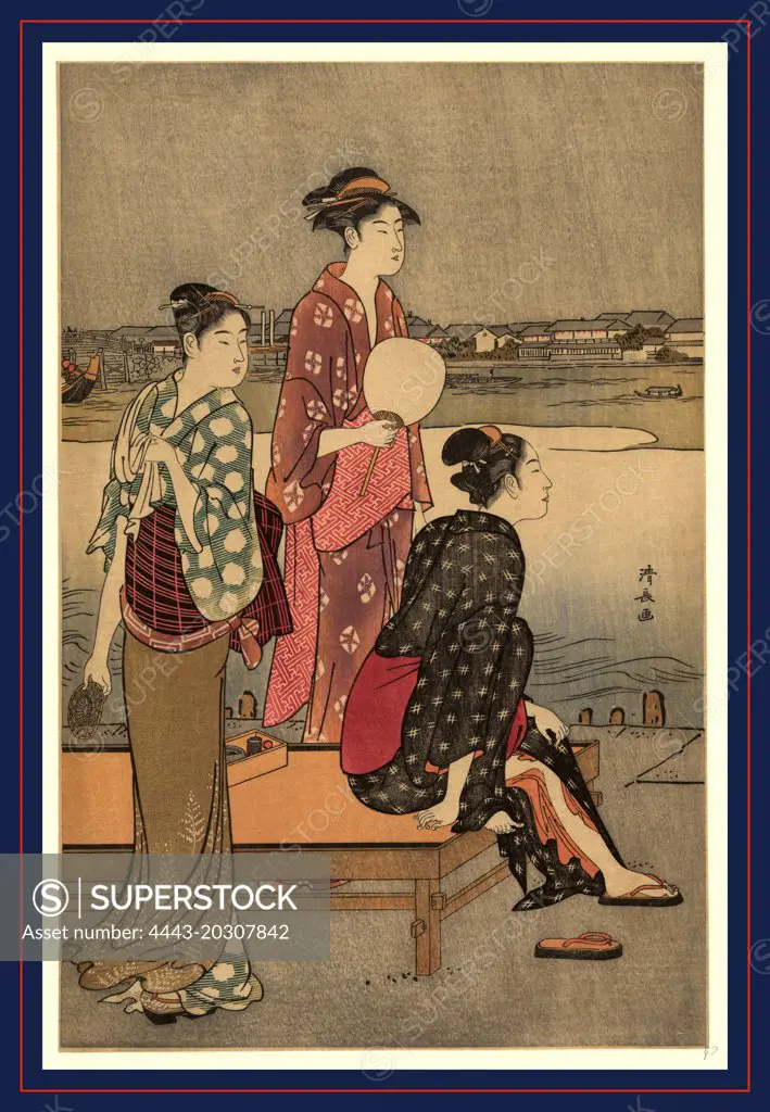 Okawabata yuryo, Cooling off near the river bank., Torii, Kiyonaga, 1752-1815, artist, 1785, printed later, 1 print : woodcut, color., Print shows three women, two standing and one sitting on a bench next to the Sumida(?) River, enjoying the cool evening air.