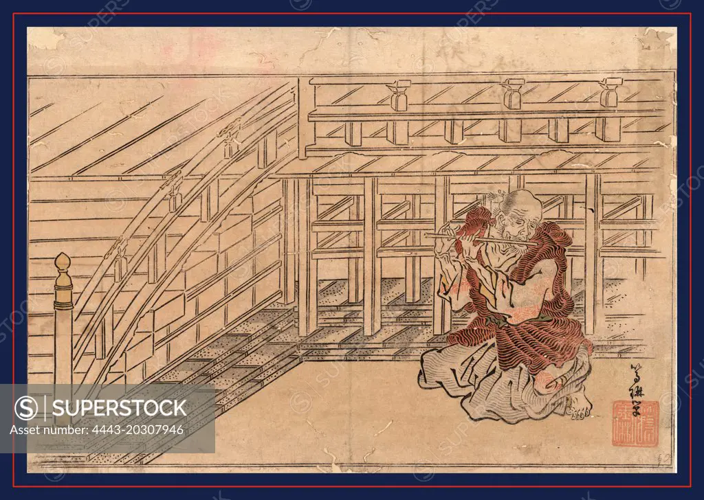 Fuefuki okina, Old man playing a flute., 1795 or 1796, 1 print : woodcut, color ; 25.4 x 36.5 cm., Print shows an old man kneeling on the ground playing a flute.