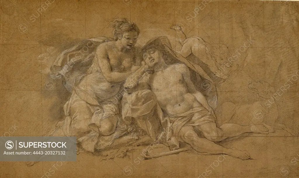 Charles-Antoine Coypel, Diana and Endymion, French, 1694 - 1752, 1720s, black chalk heightened with white and squared for transfer on brown paper