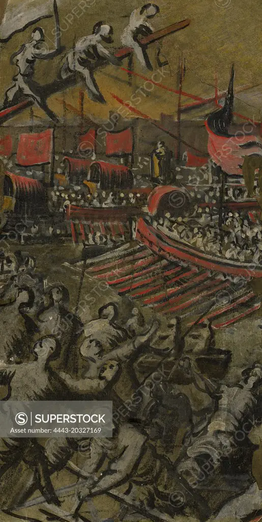 Domenico Tintoretto (Italian, 1560 - 1635), Venetian Ships Attacking Constantinople, 1598-1605, egg tempera over squaring in black chalk, on gray-brown laid paper