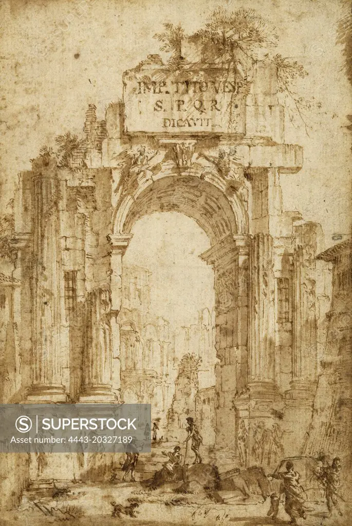 Circle of Giovanni Paolo Panini, Arch of Titus, pen and brown ink and brown wash on laid paper