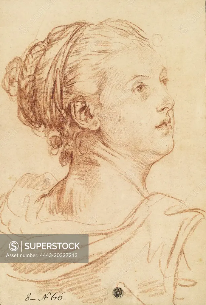 Jean-Baptiste Greuze, Head of a Woman Looking Back Over Her Shoulder, French, 1725 - 1805, red chalk on laid paper