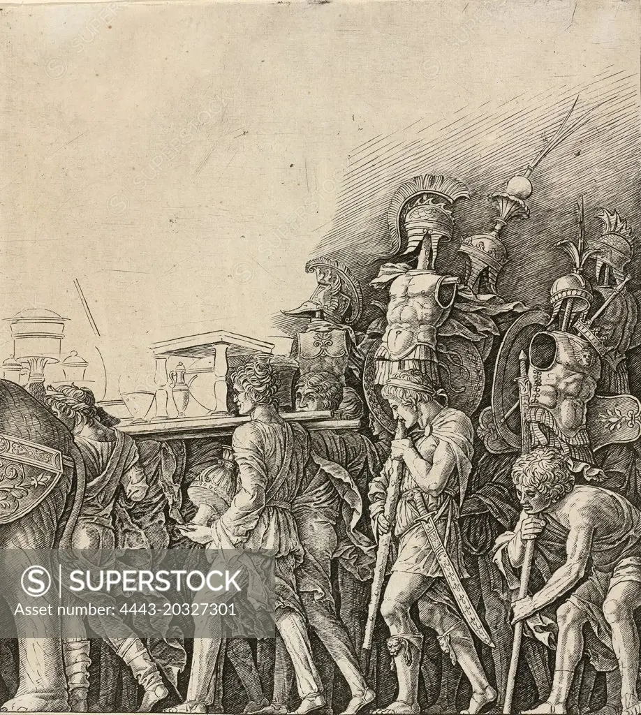 Workshop of Andrea Mantegna or Attributed to Zoan Andrea, The Triumph of Caesar: Soldiers Carrying Trophies, c. 1485-1490, engraving
