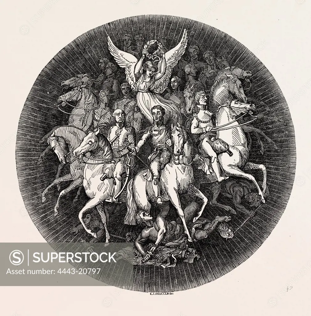THE WELLINGTON SHIELD.  1820, Thomas Stothard, 1755 - 1834, engravings. The silver shield itself was made by Benjamin Smith. The shield commemorate the victories of the Duke of Wellington. UK, britain, british, europe, united kingdom, great britain, european
