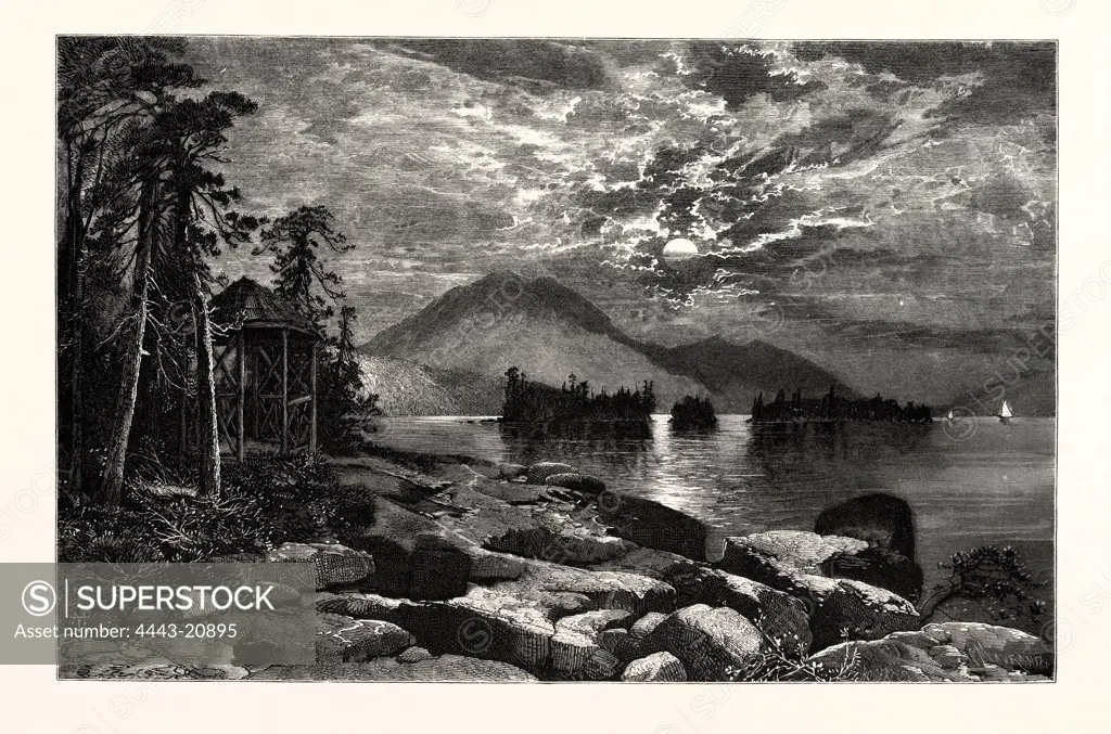 VIEW FROM FOURTEEN-MILE ISLAND, LAKE GEORGE. THOMAS MORAN,  England was an American painter and printmaker of the Hudson River School in New York whose work often featured the Rocky Mountains. USA