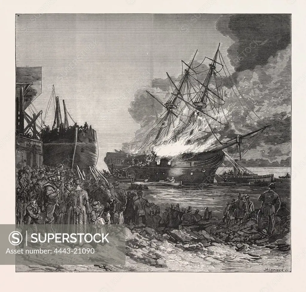 BURNING OF THE MARINE SOCIETY'S TRAINING-SHIP THE WARSPITE, OFF CHARLTON, engraving 1876