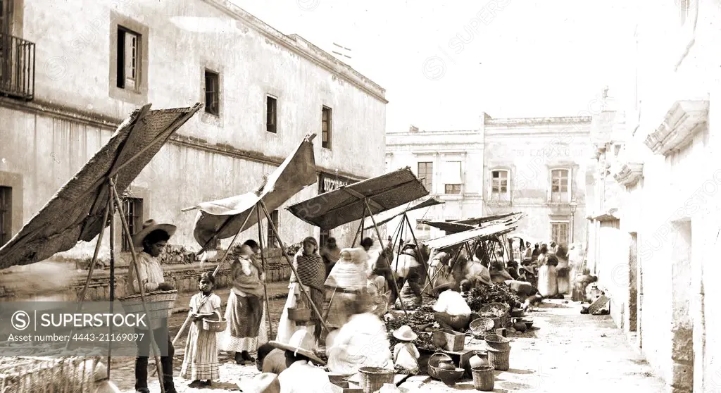 Mexico street market, Jackson, William Henry, 1843-1942, Markets, Streets, Mexico, Mexico City, 1880