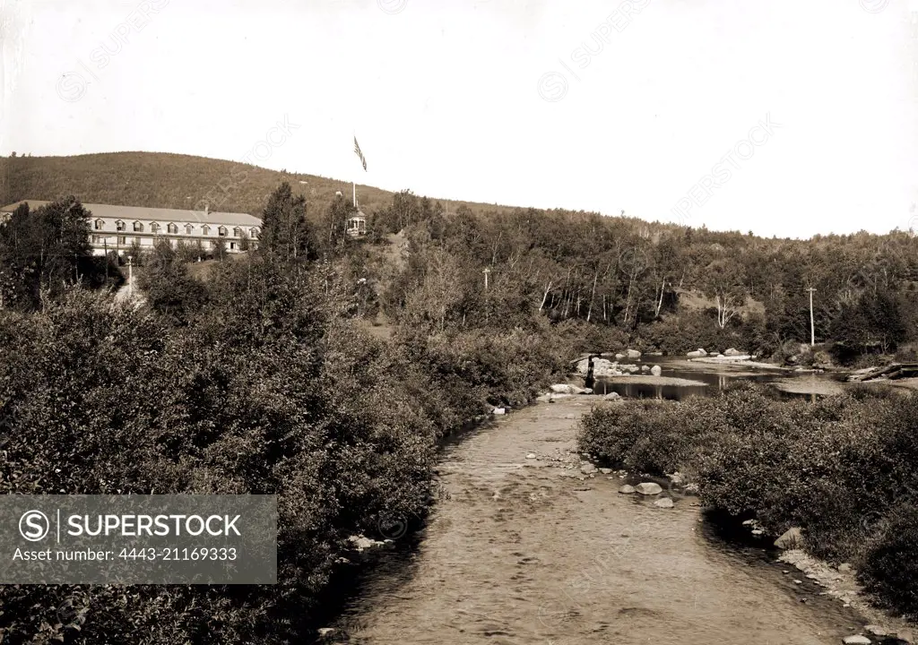 Ammonoosuc River and Twin Mountain House, White Mountains, Twin Mountain House (Twin Mountain, N.H.), Hotels, Rivers, Mountains, United States, New Hampshire, White Mountains, United States, New Hampshire, Ammonoosuc River, United States, New Hampshire, Twin Mountain, 1901