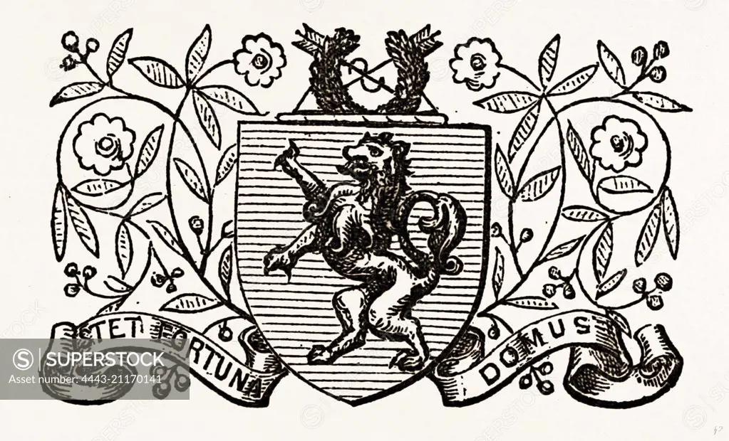 ARMS OF HARROW SCHOOL, UK, engraving 1881 - 1884