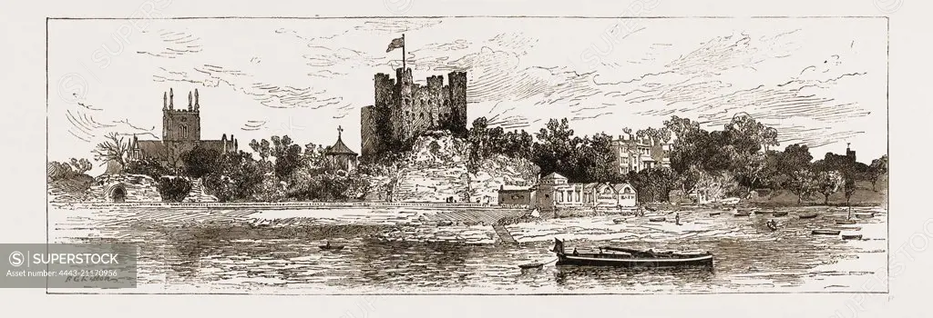 ROCHESTER CASTLE AND CATHEDRAL FROM THE RIVER, UK, 1883
