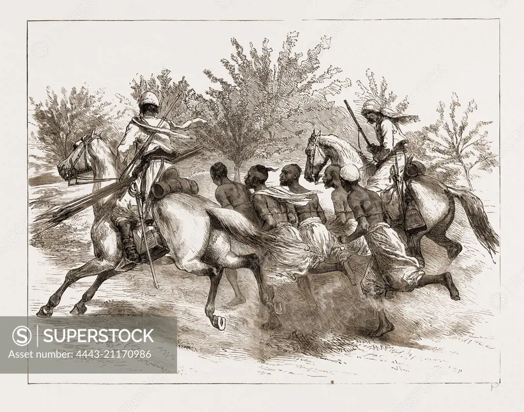 THE REBELLION IN THE SUDAN, 1883: BASHI-BAZOUK SCOUTS RUNNING IN ARAB PRISONERS