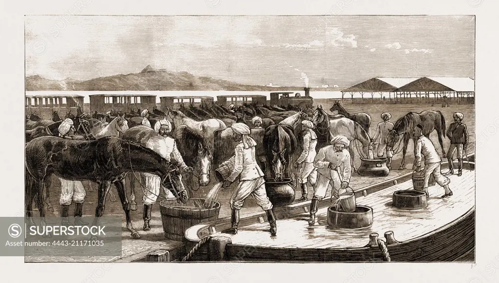 THE REBELLION IN THE SUDAN, WITH BAKER PASHA'S REINFORCEMENTS, 1883: ARRIVAL OF THE GENDARMERIE AT SUEZ, WATERING HORSES