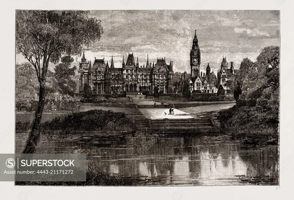 EATON HALL: VIEW OF THE HALL AND LAKE, UK, 1886