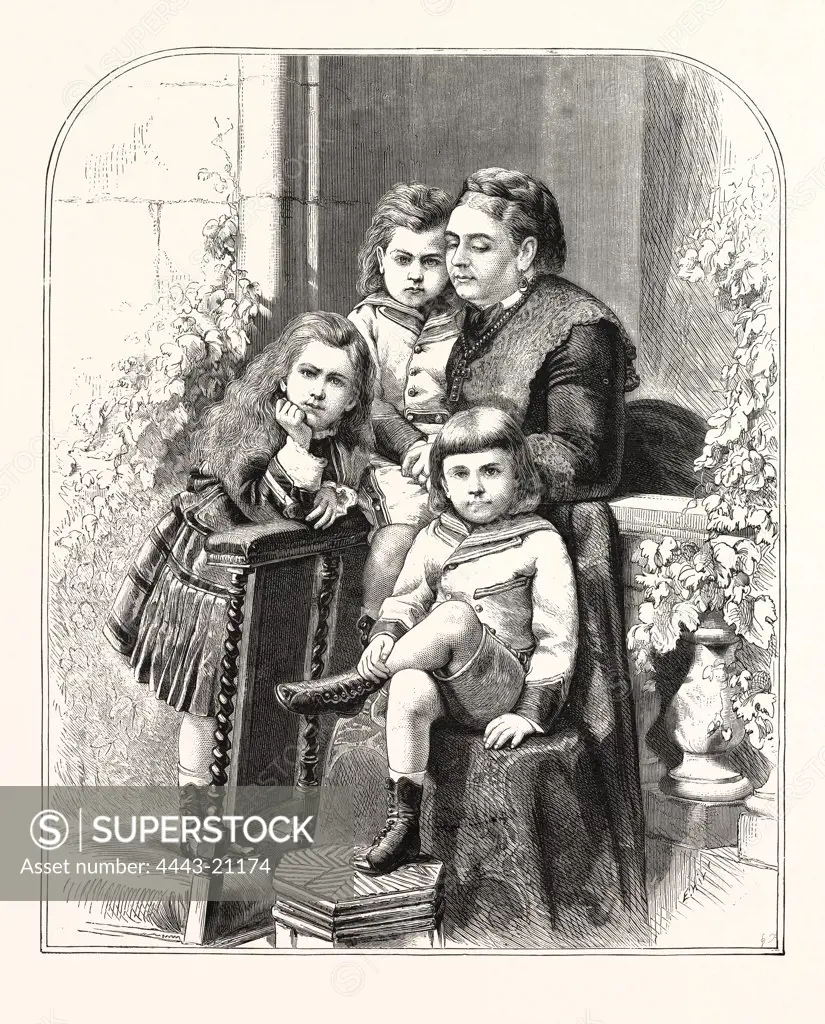 PRINCESS MARY, PRINCE FRANCIS,  PRINCE ADOLPHUS, THE DUCHESS OF TECK, PRINCESS MARY OF CAMBRIDGE AND CHILDREN, ENGRAVING 1876, UK, britain, british, europe, united kingdom, great britain, european