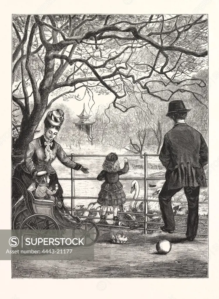 THE EASTER HOLIDAYS: FEEDING THE WATER-FOWL IN VICTORIA PARK, LONDON, ENGRAVING 1876, UK, britain, british, europe, united kingdom, great britain, european
